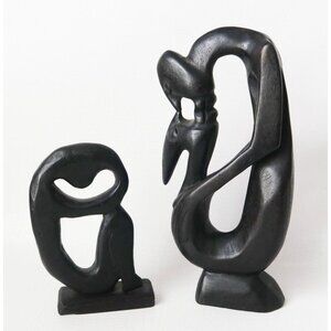 2 Hand-Carved Wood Sculptures Abstract Kissing Couple & Woman